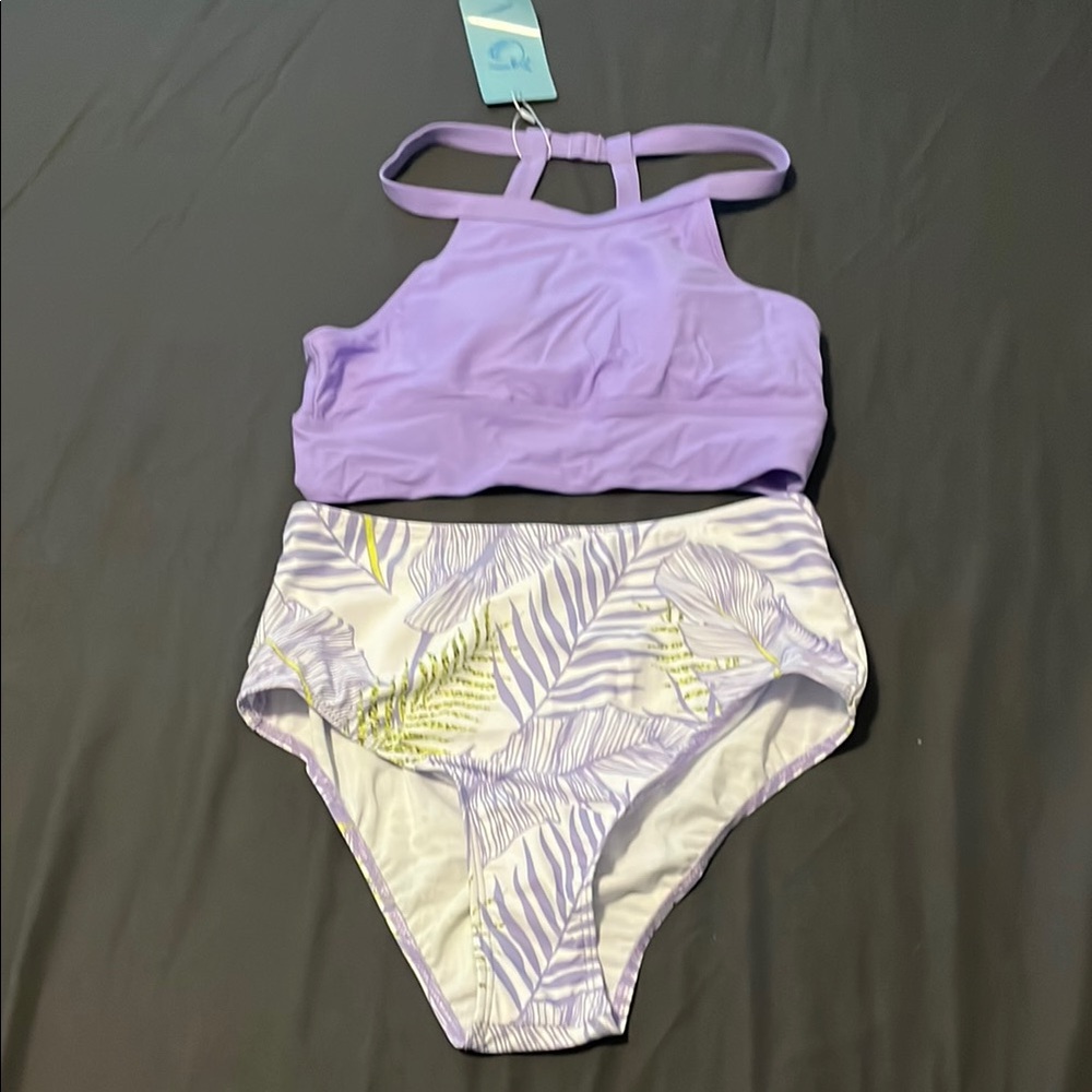 Purple and White Bikini with Halter Top and High-Waisted Bottom
